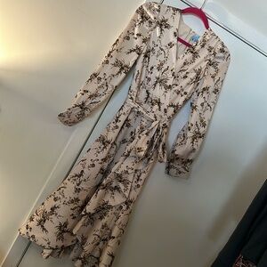 Antonio Melani 0 xs long sleeve chinoiserie inspired sepia bird pattern dress